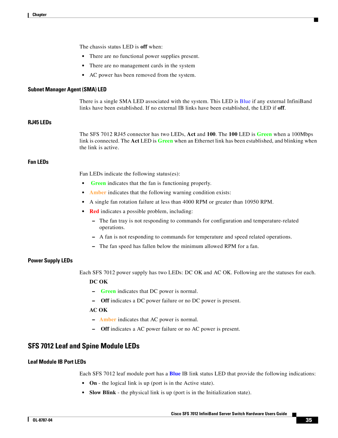 Cisco Systems manual SFS 7012 Leaf and Spine Module LEDs 