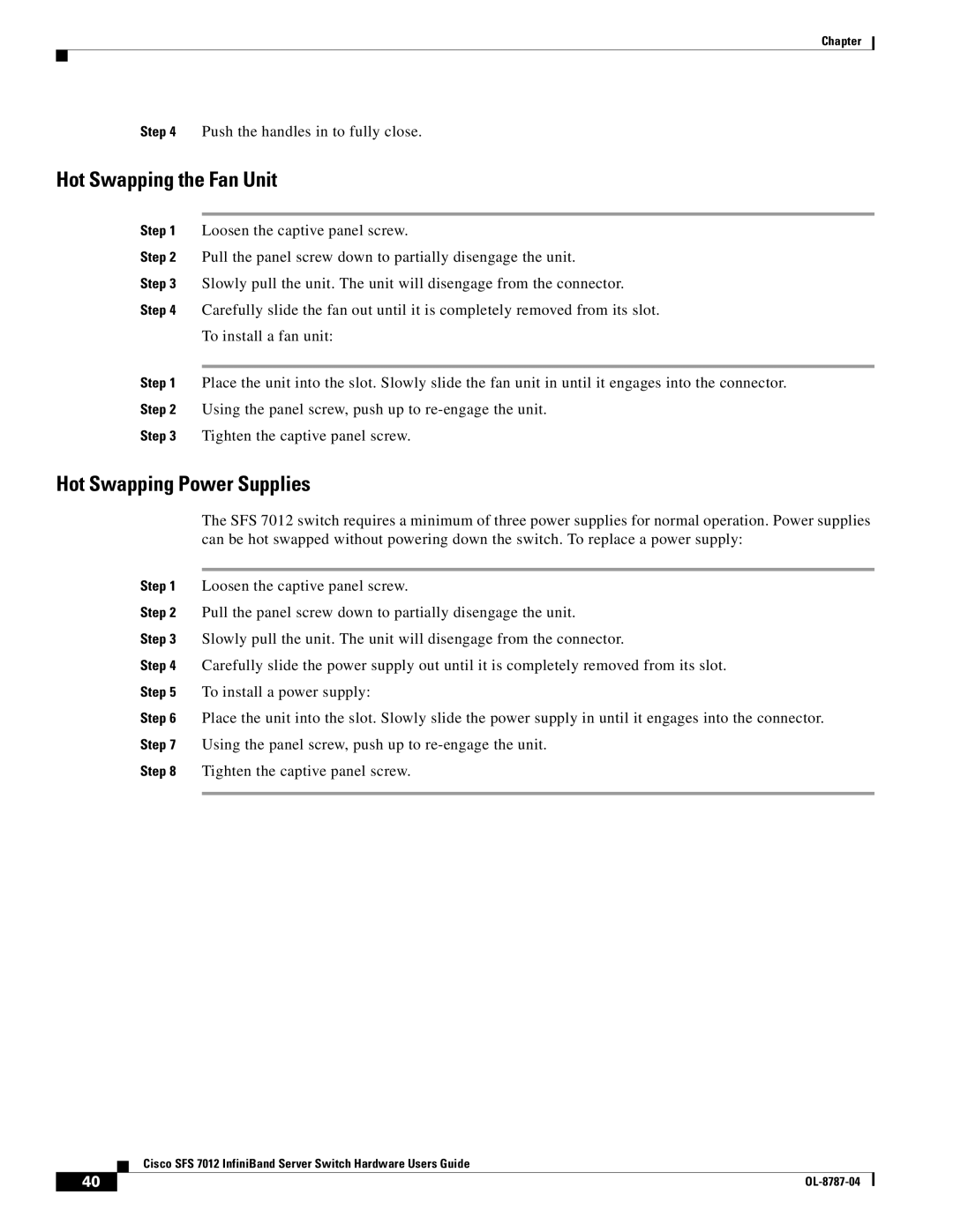 Cisco Systems SFS 7012 manual Hot Swapping the Fan Unit, Hot Swapping Power Supplies 