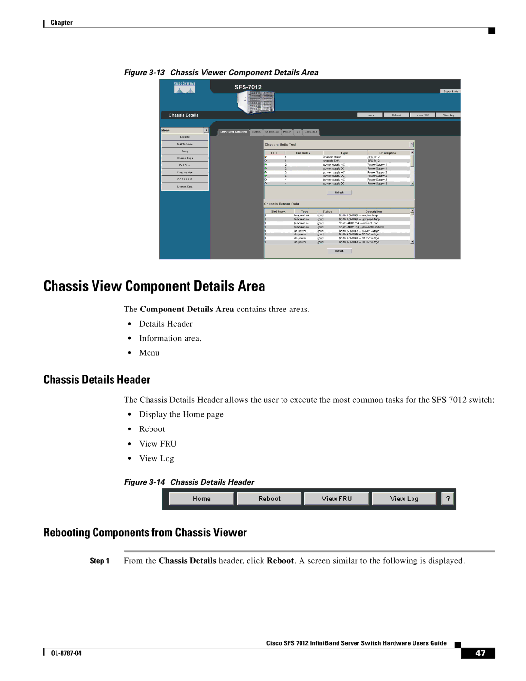 Cisco Systems SFS 7012 manual Chassis View Component Details Area, Chassis Details Header 