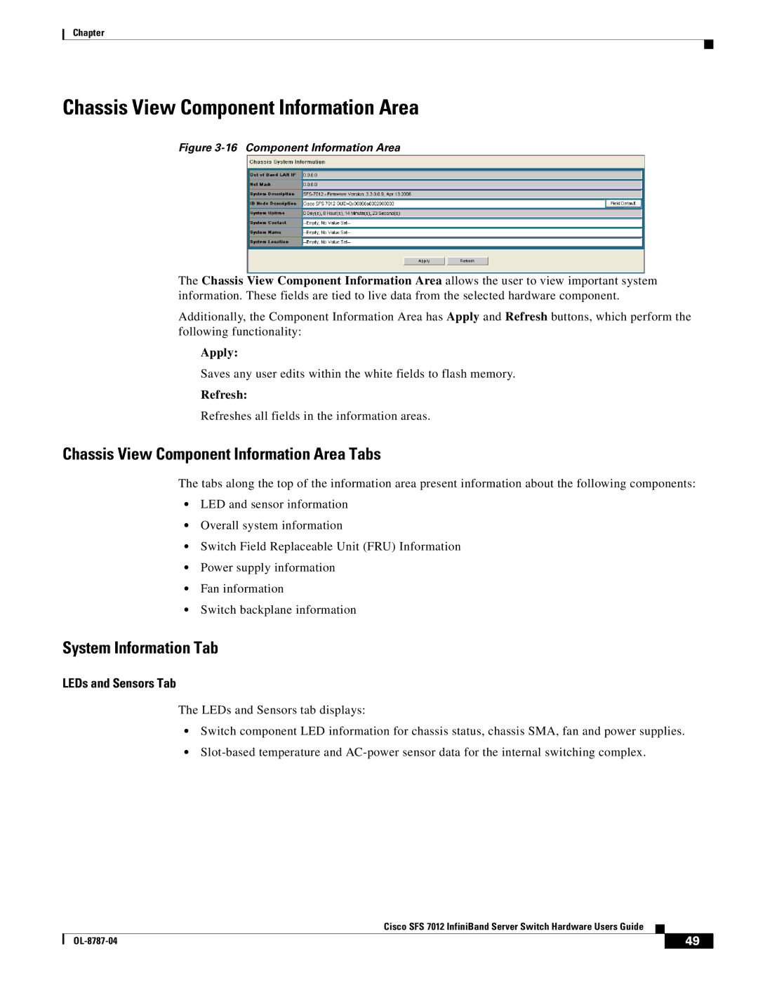 Cisco Systems SFS 7012 Chassis View Component Information Area Tabs, System Information Tab, LEDs and Sensors Tab 