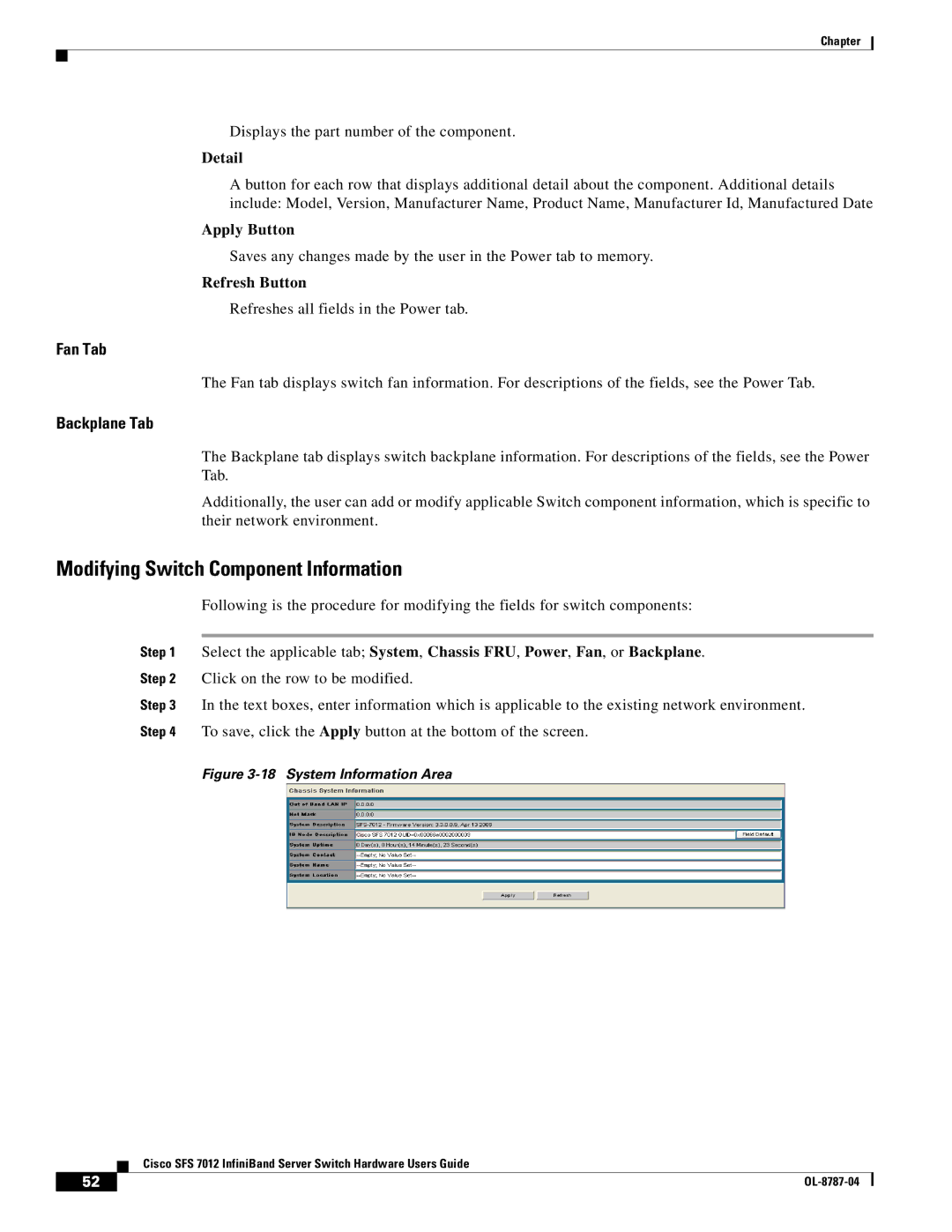 Cisco Systems SFS 7012 manual Modifying Switch Component Information, Fan Tab, Backplane Tab 