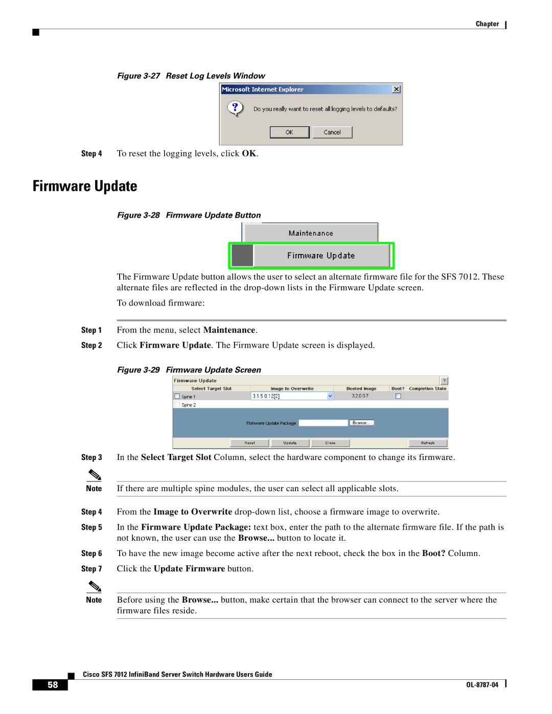 Cisco Systems SFS 7012 manual Firmware Update, Reset Log Levels Window 