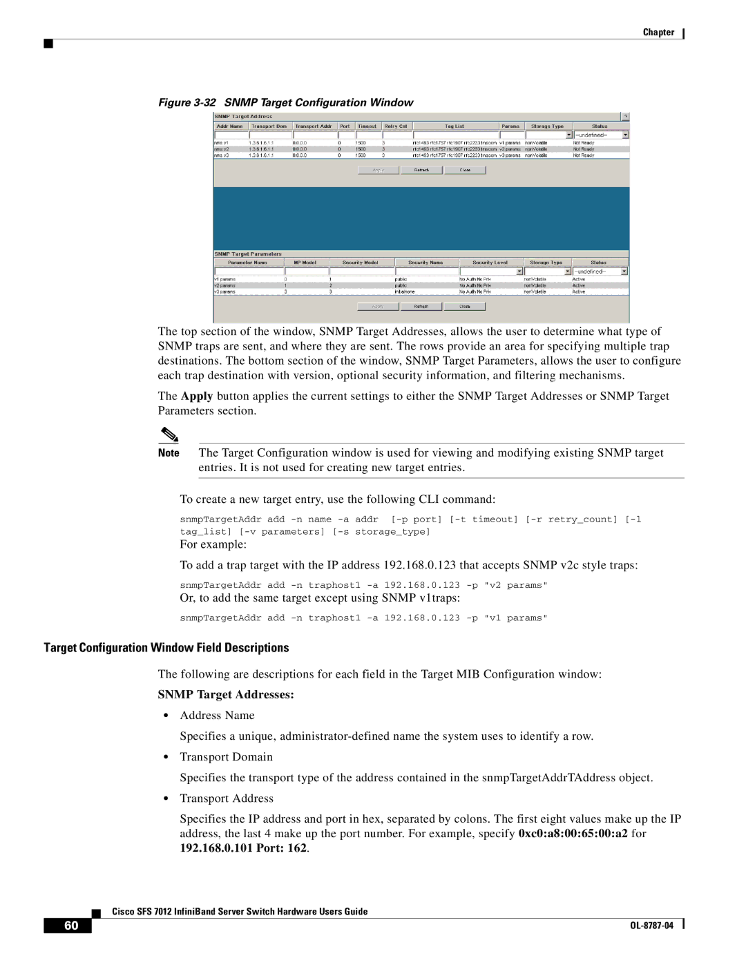 Cisco Systems SFS 7012 manual Target Configuration Window Field Descriptions, Snmp Target Addresses 