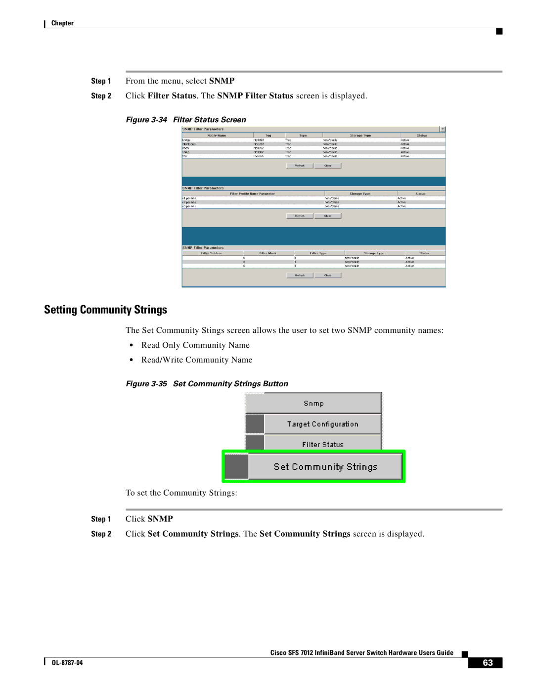 Cisco Systems SFS 7012 manual Setting Community Strings, Filter Status Screen 