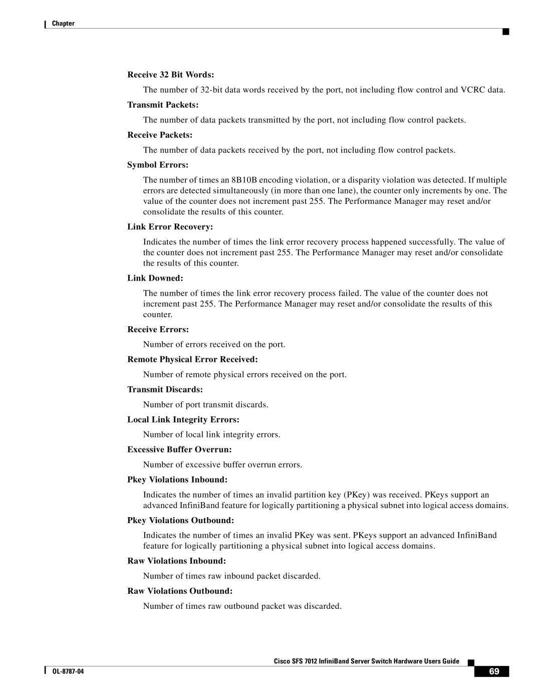 Cisco Systems SFS 7012 manual Receive 32 Bit Words, Transmit Packets, Receive Packets, Symbol Errors, Link Error Recovery 