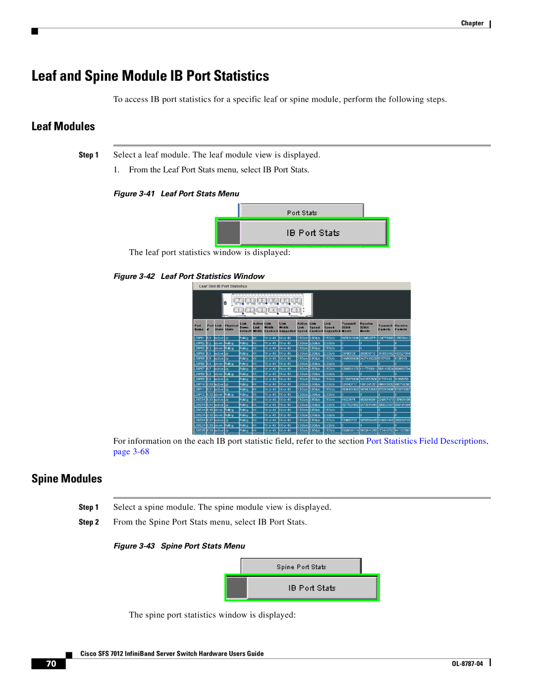 Cisco Systems SFS 7012 manual Leaf and Spine Module IB Port Statistics, Leaf Modules, Spine Modules 