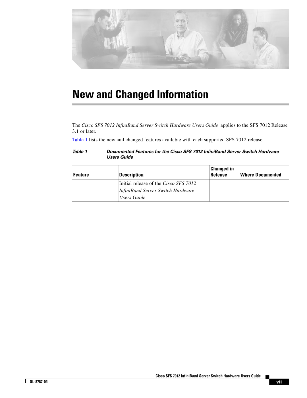 Cisco Systems SFS 7012 manual New and Changed Information, Initial release of the Cisco SFS 