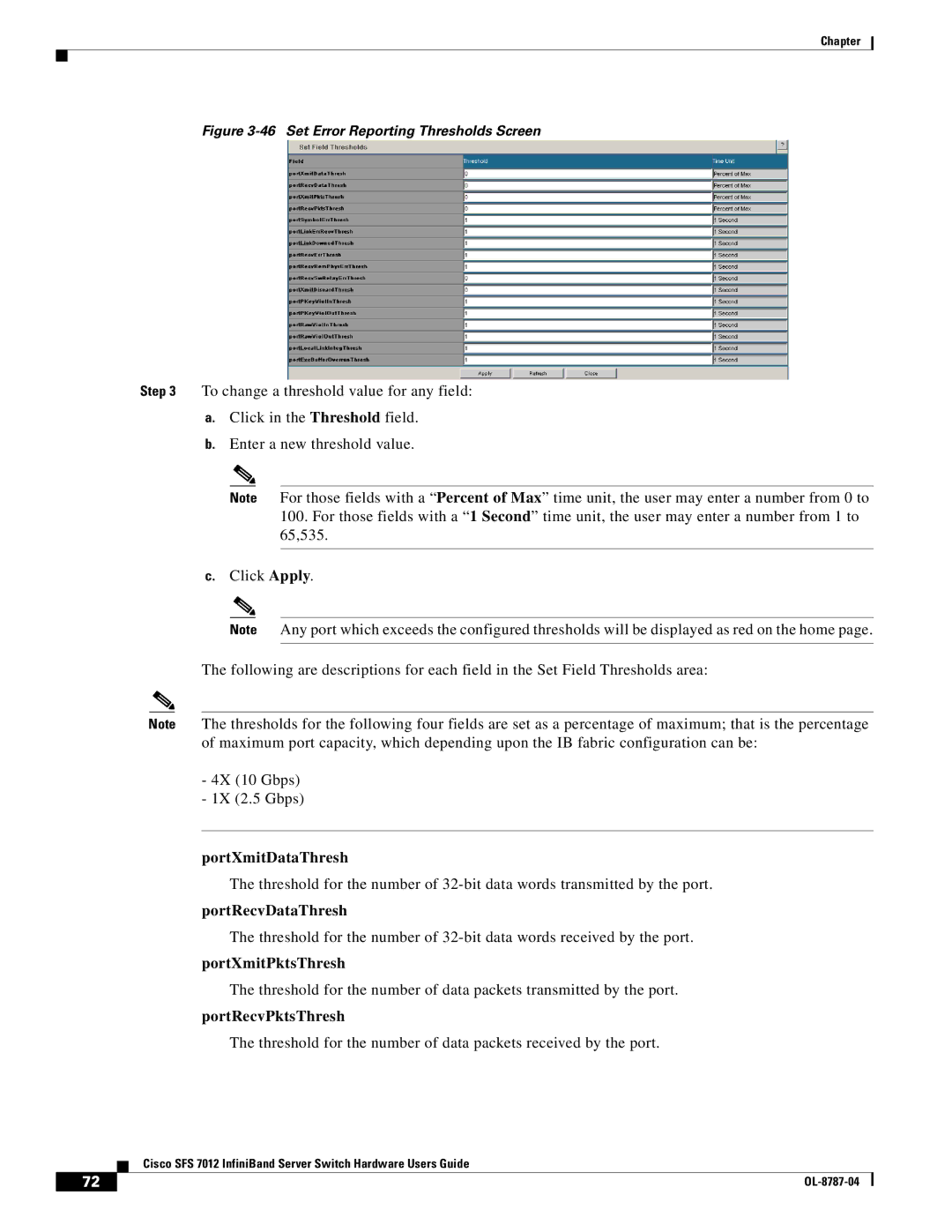 Cisco Systems SFS 7012 manual PortXmitDataThresh, PortRecvDataThresh, PortXmitPktsThresh, PortRecvPktsThresh 