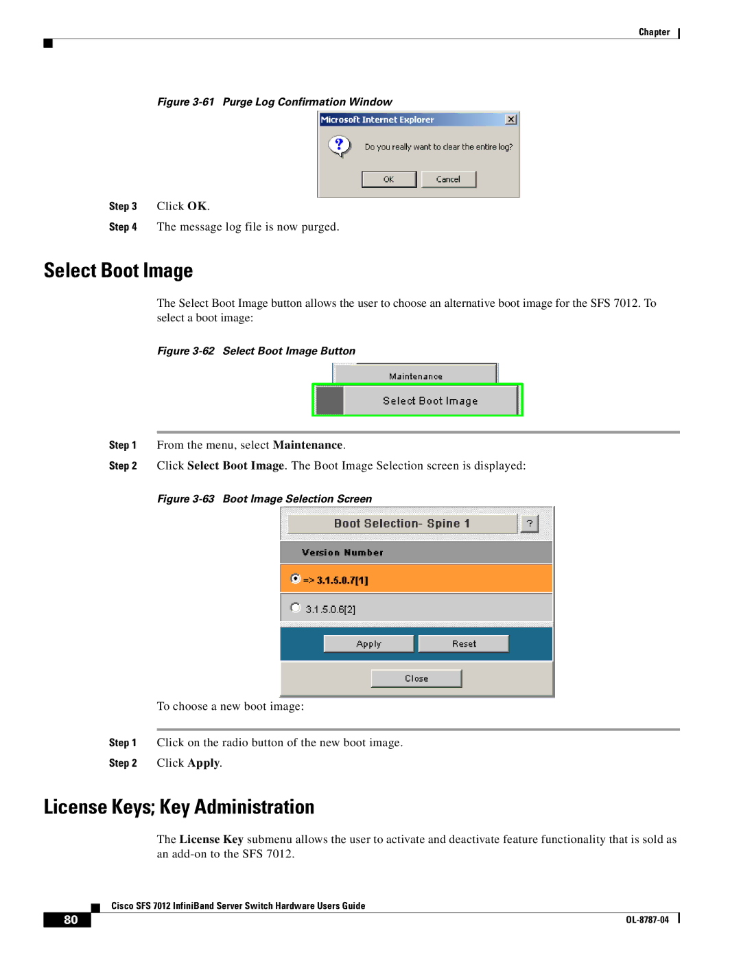 Cisco Systems SFS 7012 manual Select Boot Image, License Keys Key Administration 