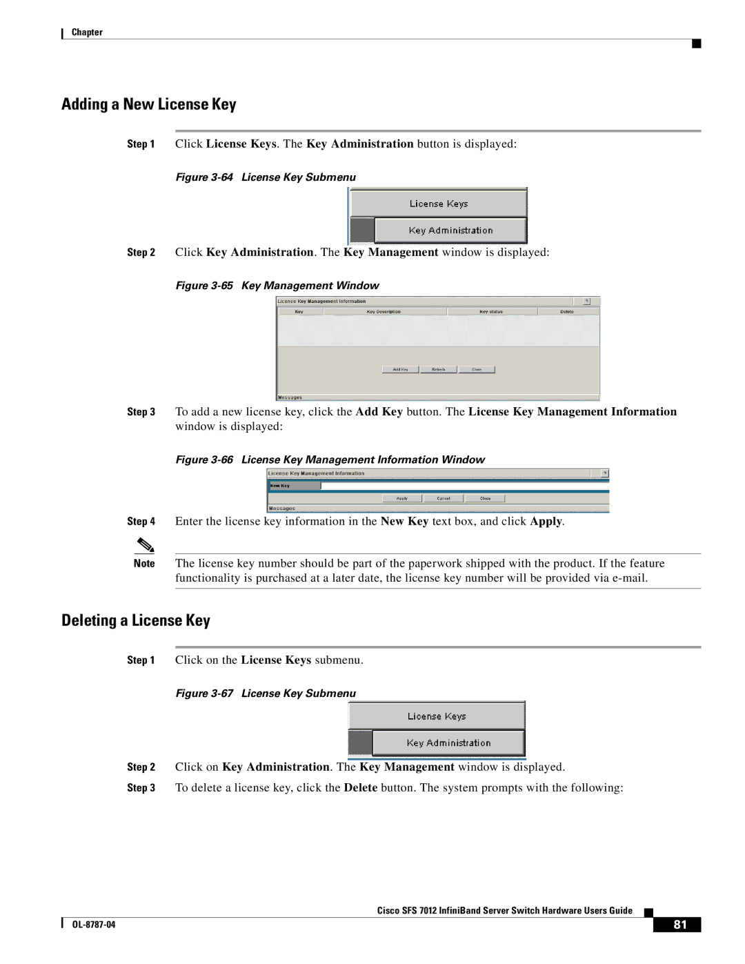 Cisco Systems SFS 7012 manual Adding a New License Key, Deleting a License Key 