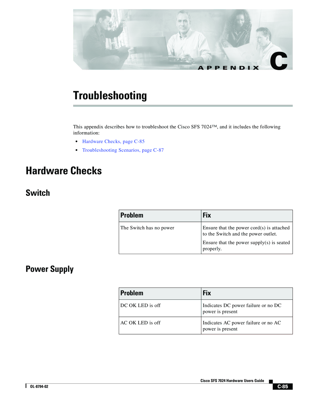 Cisco Systems SFS 7024 manual Hardware Checks, Switch, Power Supply, Problem Fix 