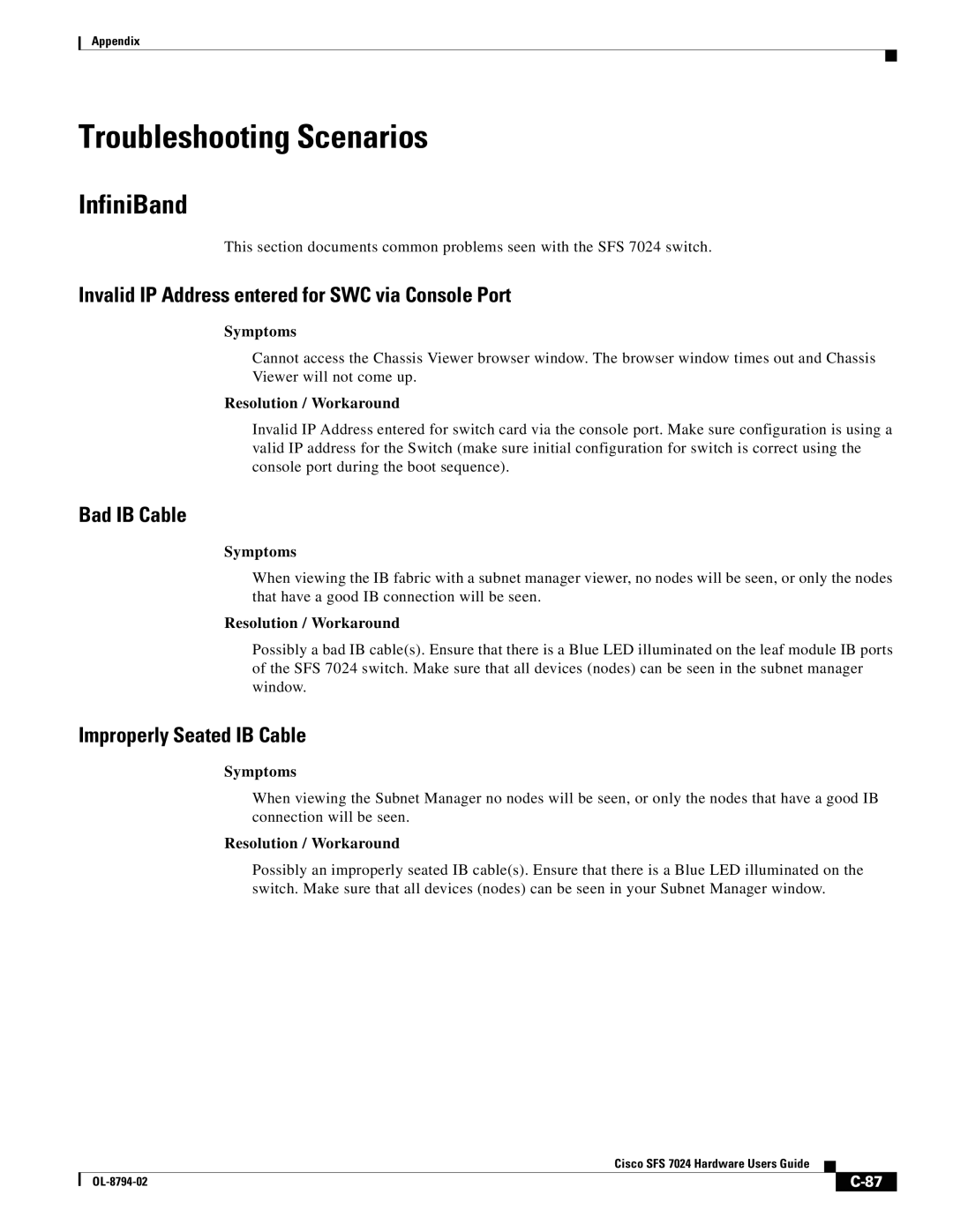 Cisco Systems SFS 7024 manual Troubleshooting Scenarios, InfiniBand, Invalid IP Address entered for SWC via Console Port 