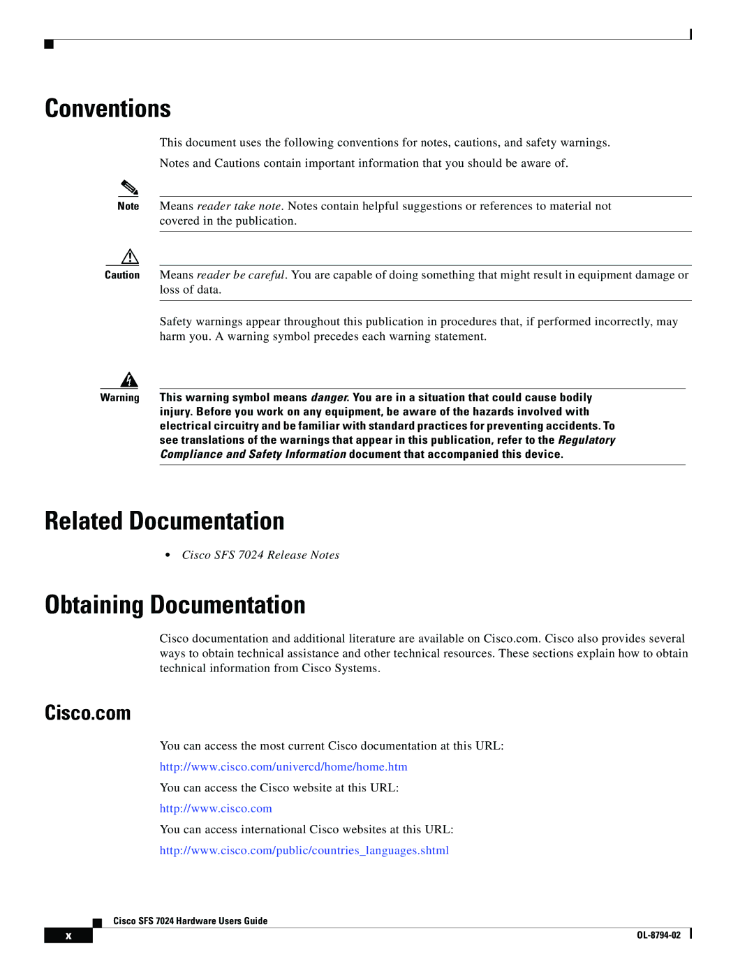 Cisco Systems SFS 7024 manual Conventions, Related Documentation, Obtaining Documentation, Cisco.com 