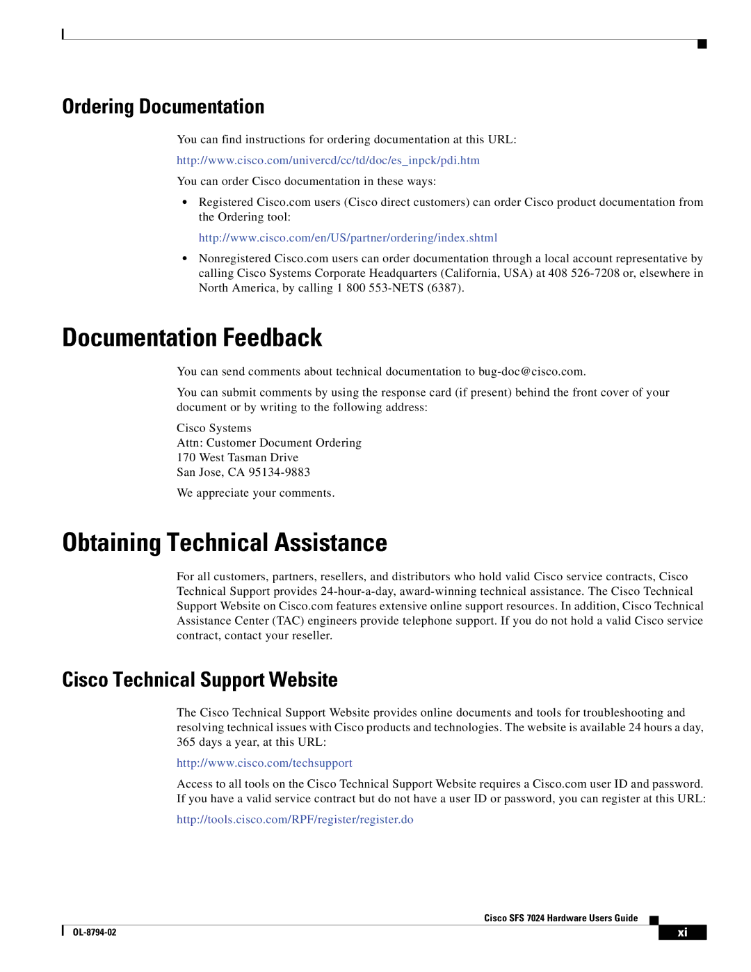 Cisco Systems SFS 7024 manual Documentation Feedback, Obtaining Technical Assistance, Ordering Documentation 