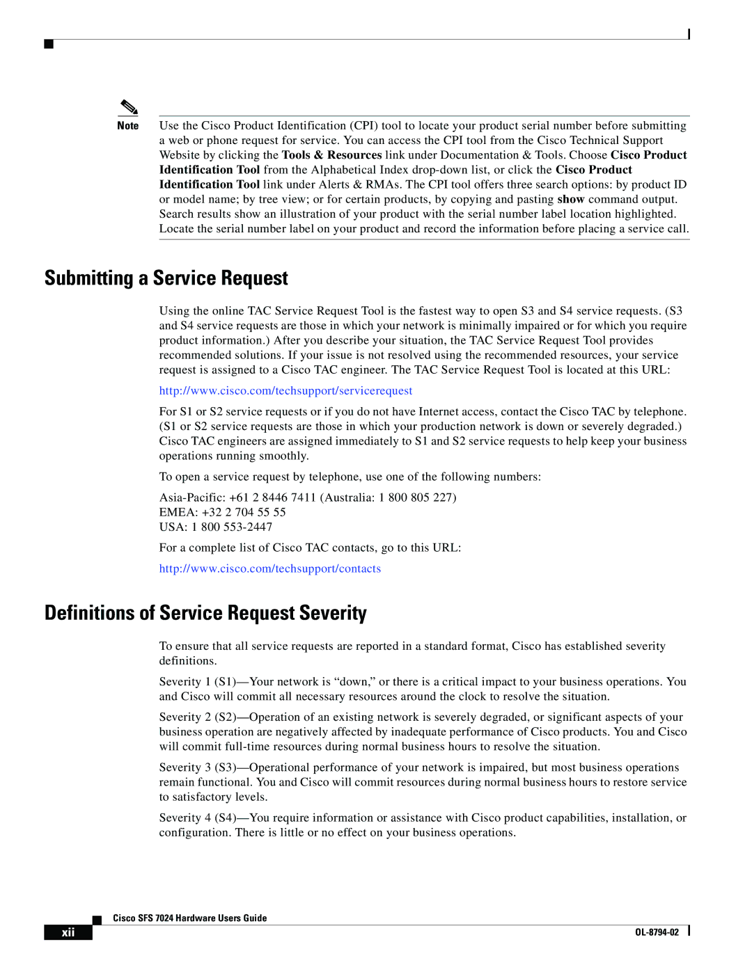 Cisco Systems SFS 7024 manual Submitting a Service Request, Definitions of Service Request Severity 