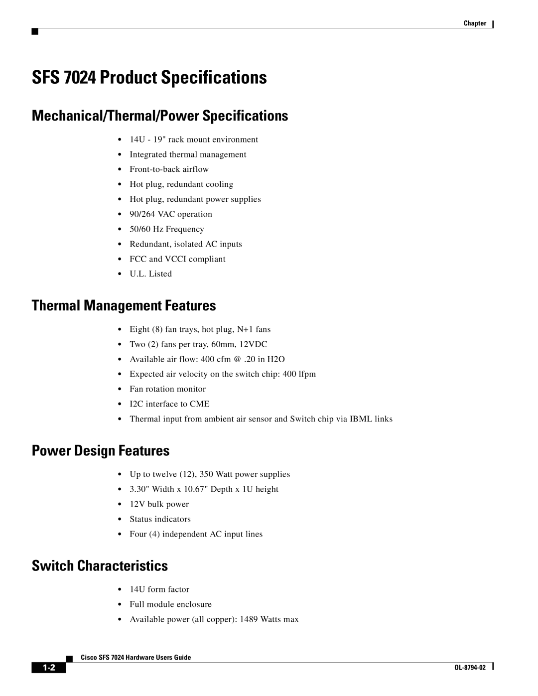 Cisco Systems SFS 7024 Product Specifications, Mechanical/Thermal/Power Specifications, Thermal Management Features 