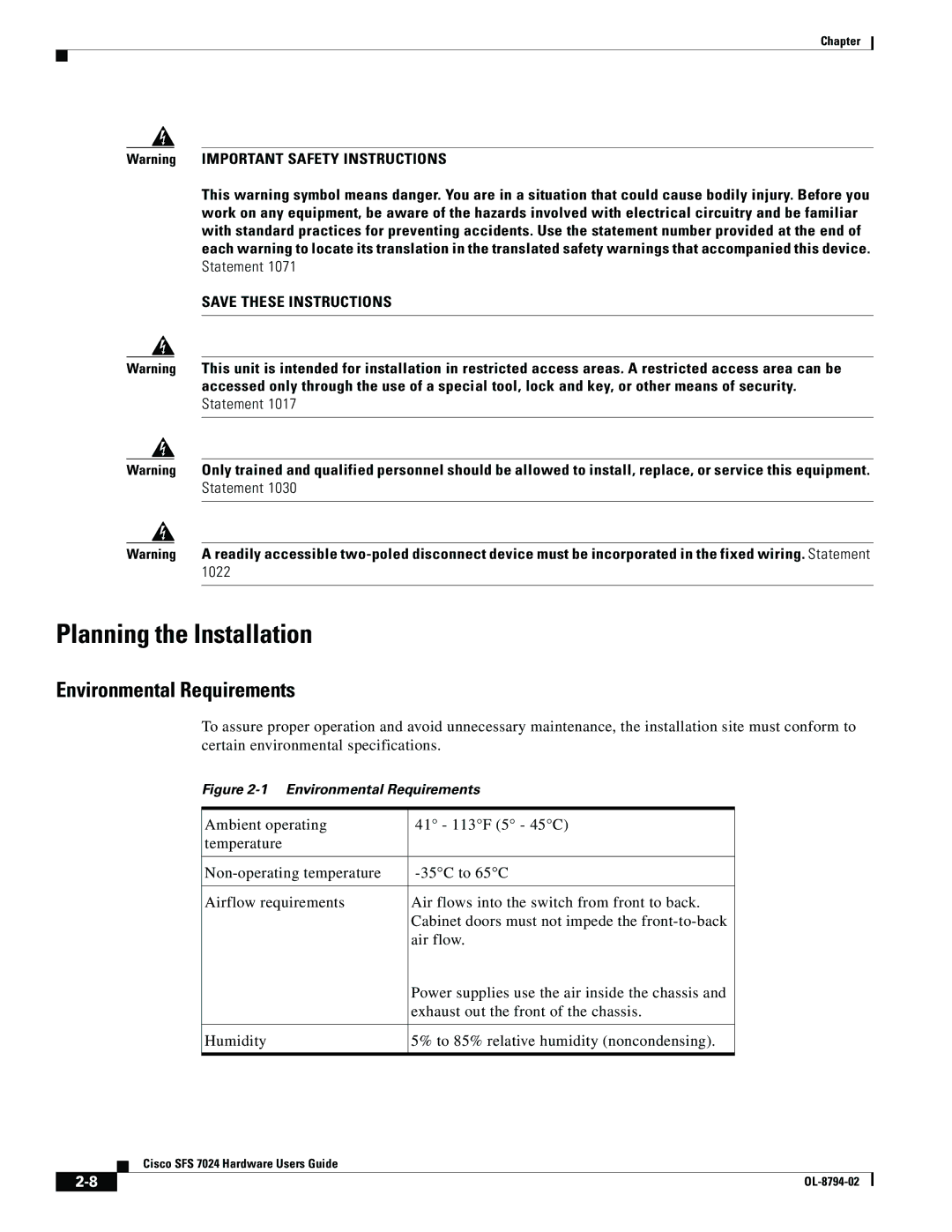 Cisco Systems SFS 7024 manual Planning the Installation, Environmental Requirements 