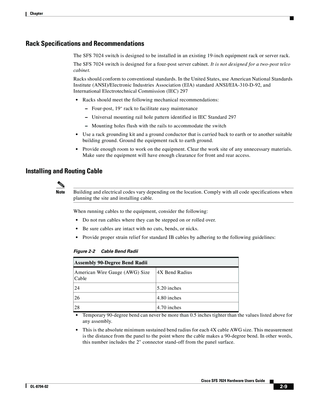 Cisco Systems SFS 7024 manual Rack Specifications and Recommendations, Installing and Routing Cable 