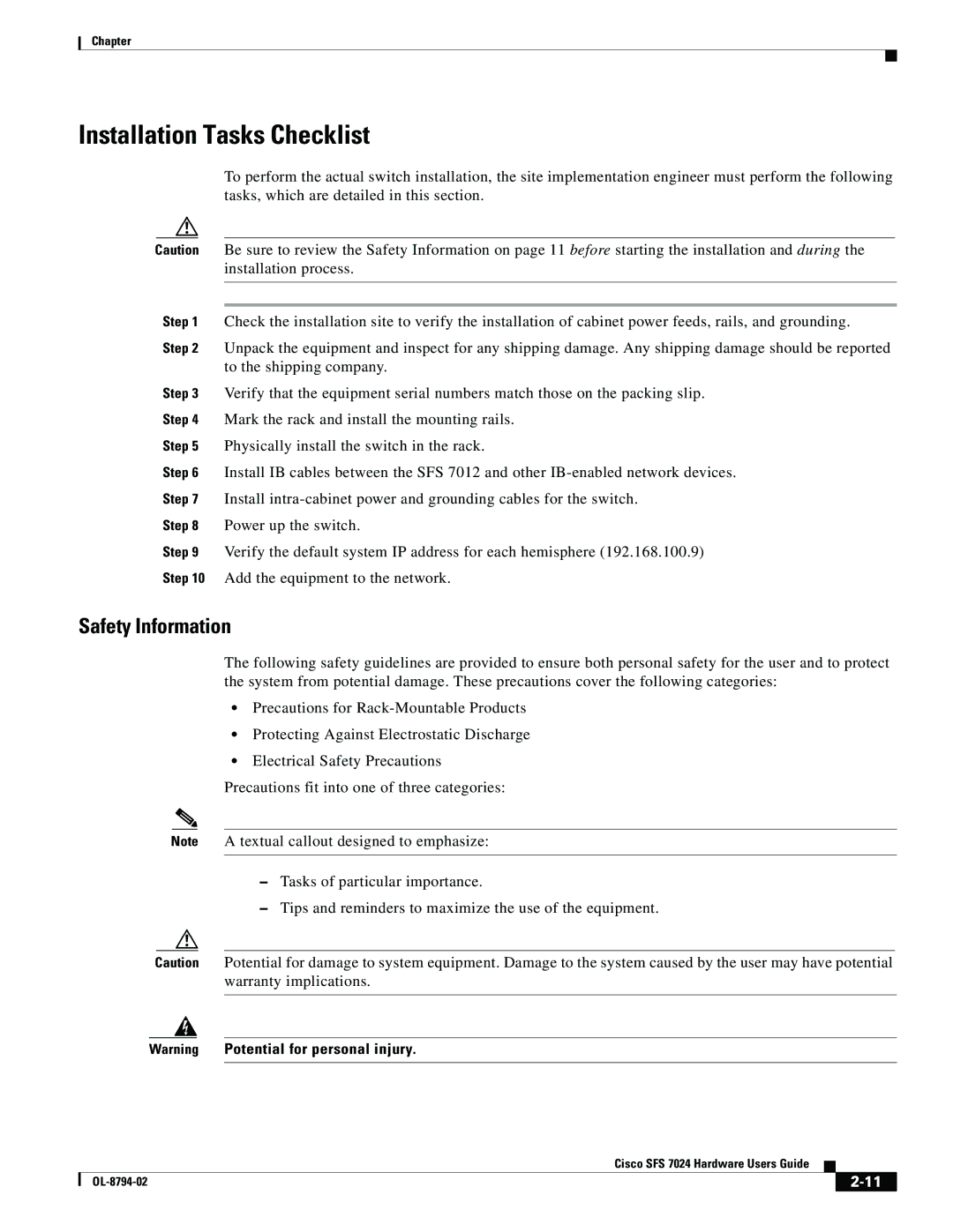 Cisco Systems SFS 7024 manual Installation Tasks Checklist, Safety Information 