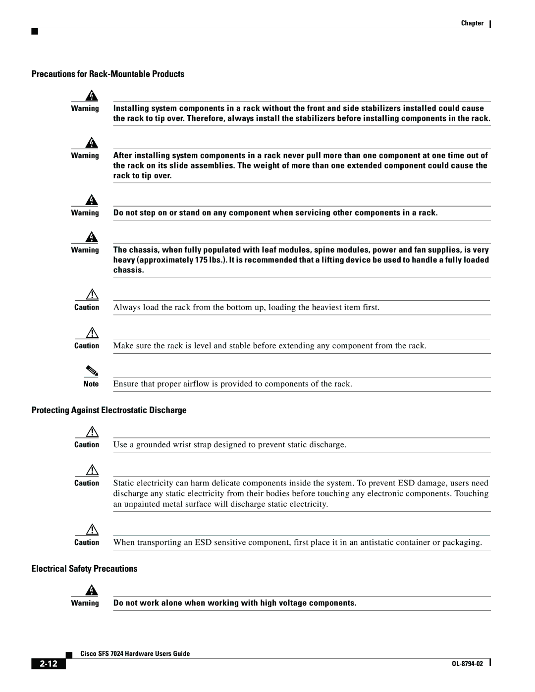 Cisco Systems SFS 7024 manual Electrical Safety Precautions 