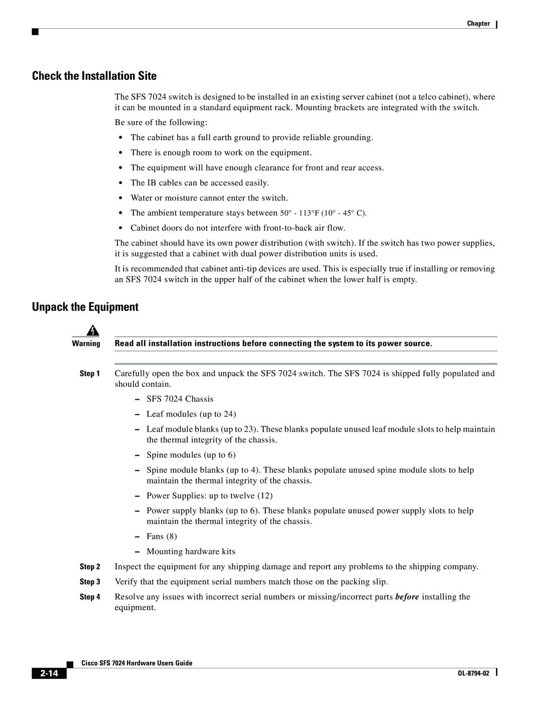 Cisco Systems SFS 7024 manual Check the Installation Site, Unpack the Equipment 