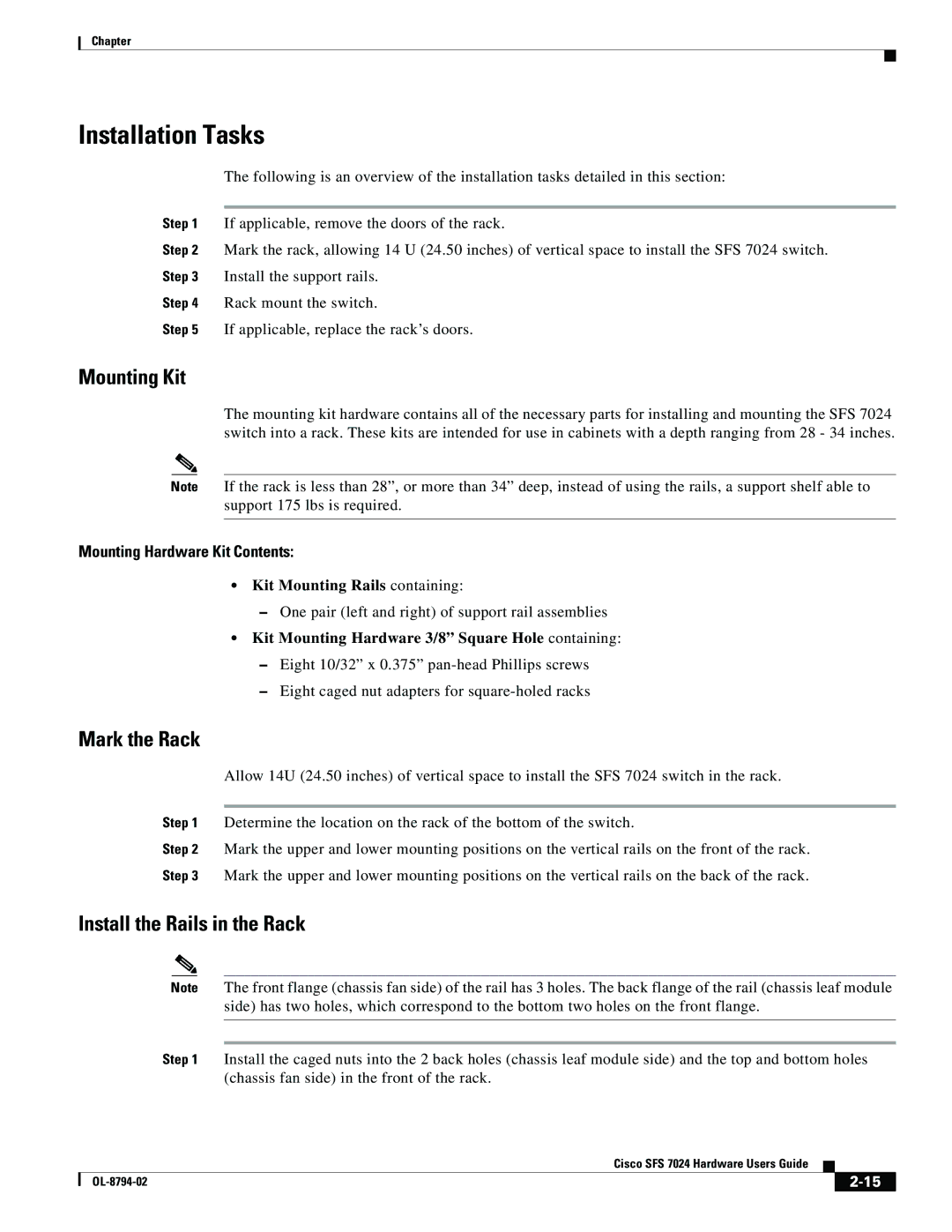 Cisco Systems SFS 7024 manual Installation Tasks, Mounting Kit, Mark the Rack, Install the Rails in the Rack 