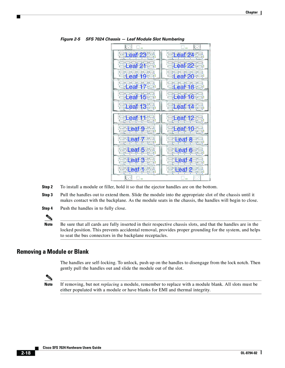 Cisco Systems SFS 7024 manual Removing a Module or Blank, Leaf 