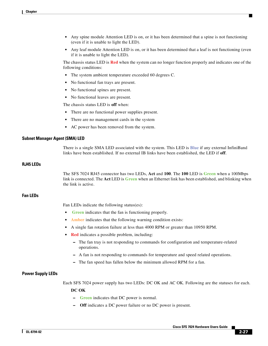 Cisco Systems SFS 7024 manual Subnet Manager Agent SMA LED, RJ45 LEDs, Fan LEDs, Power Supply LEDs 