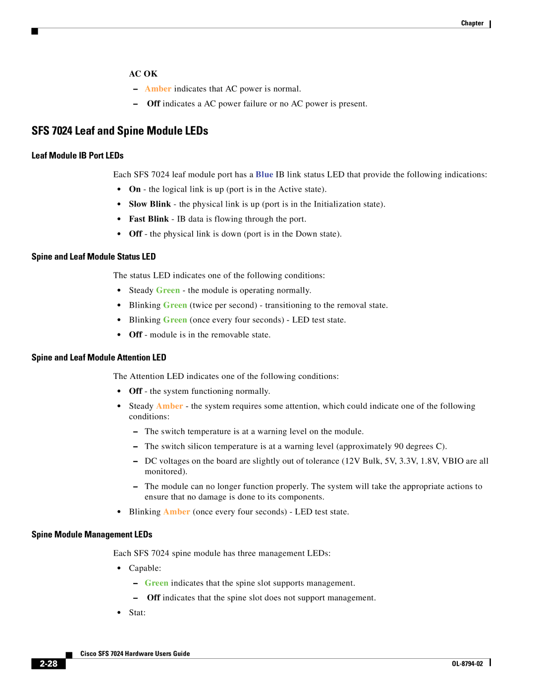 Cisco Systems manual SFS 7024 Leaf and Spine Module LEDs, Leaf Module IB Port LEDs, Spine and Leaf Module Status LED 