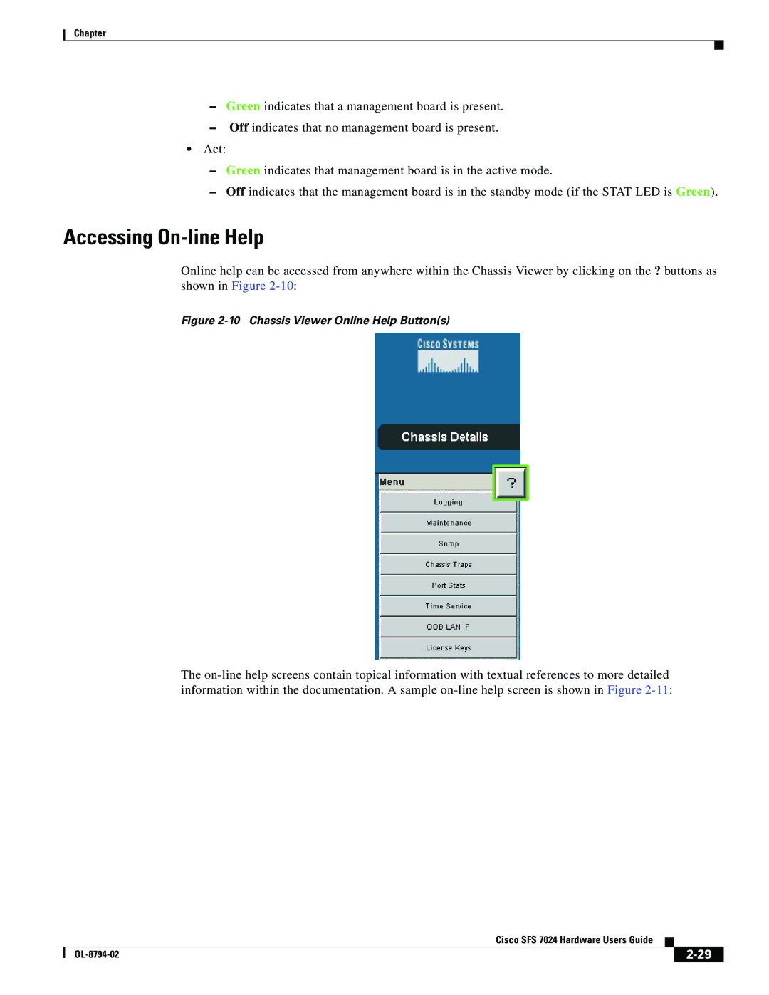 Cisco Systems SFS 7024 manual Accessing On-line Help, Chassis Viewer Online Help Buttons 