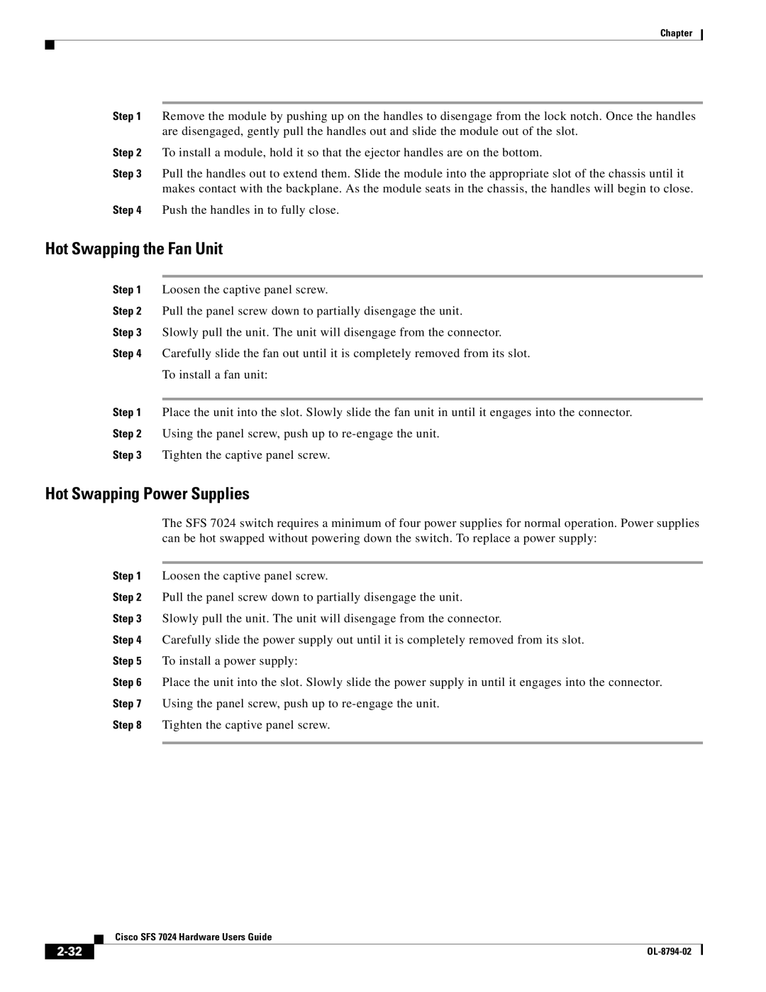 Cisco Systems SFS 7024 manual Hot Swapping the Fan Unit, Hot Swapping Power Supplies 