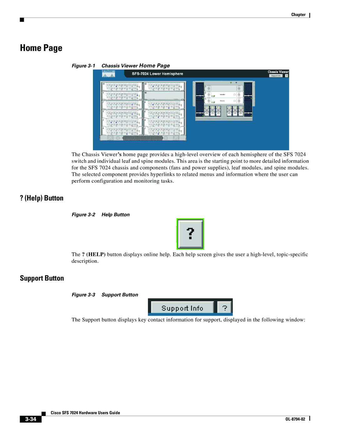 Cisco Systems SFS 7024 manual Home, ? Help Button, Support Button 