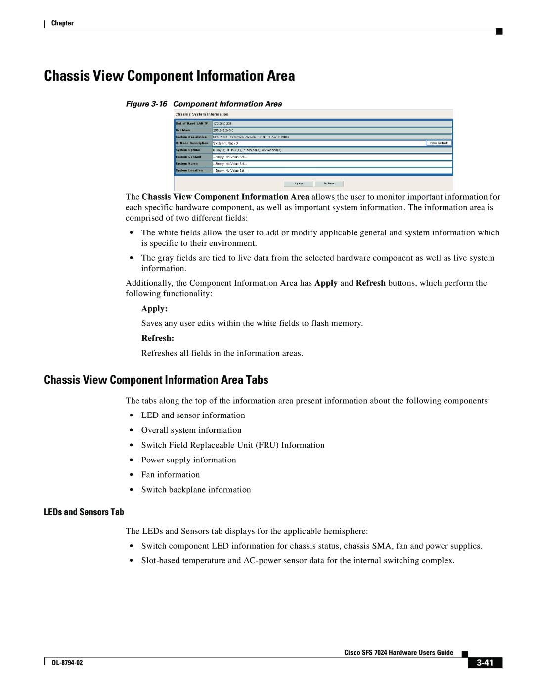 Cisco Systems SFS 7024 manual Chassis View Component Information Area Tabs, LEDs and Sensors Tab 