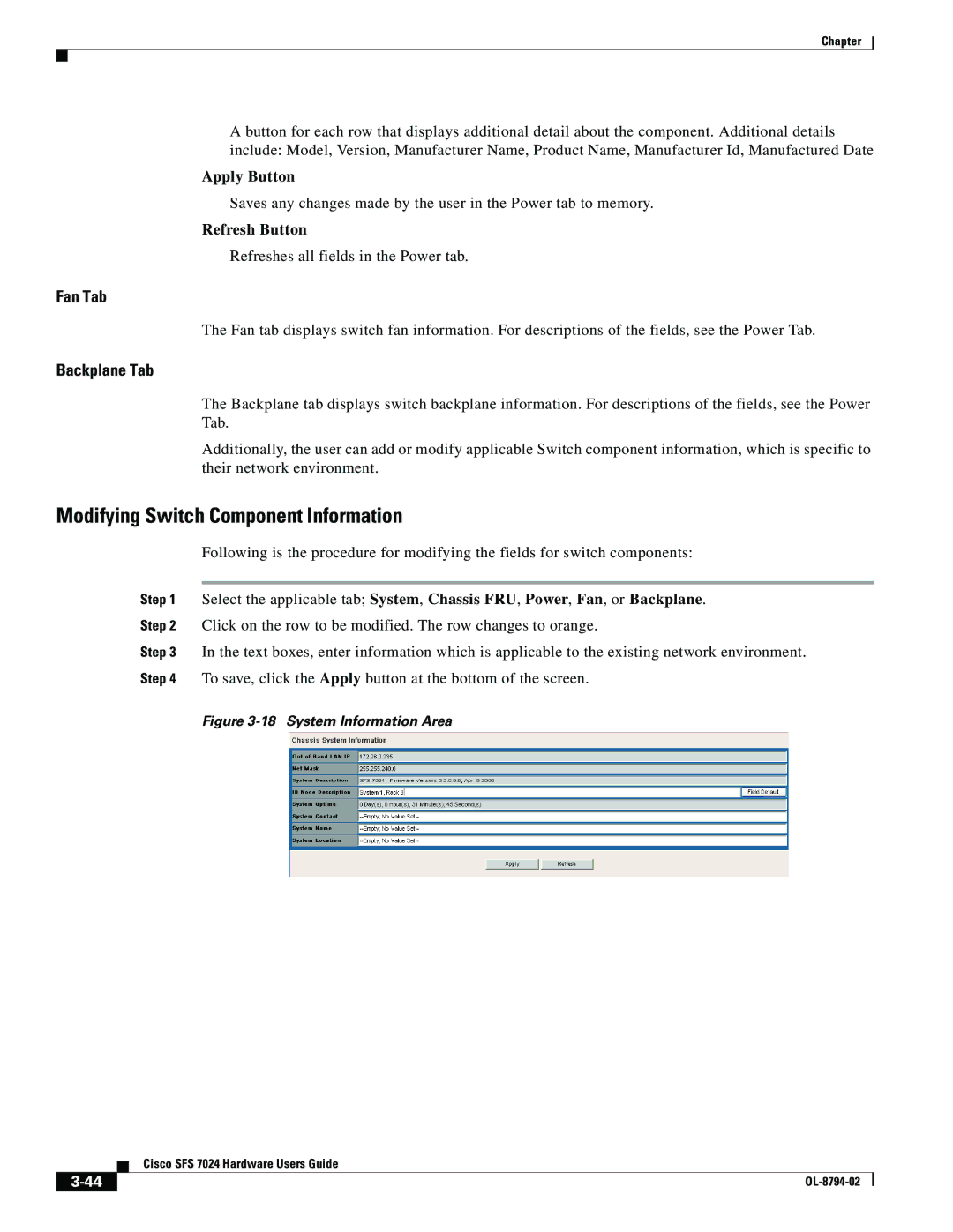 Cisco Systems SFS 7024 manual Modifying Switch Component Information, Fan Tab, Backplane Tab 