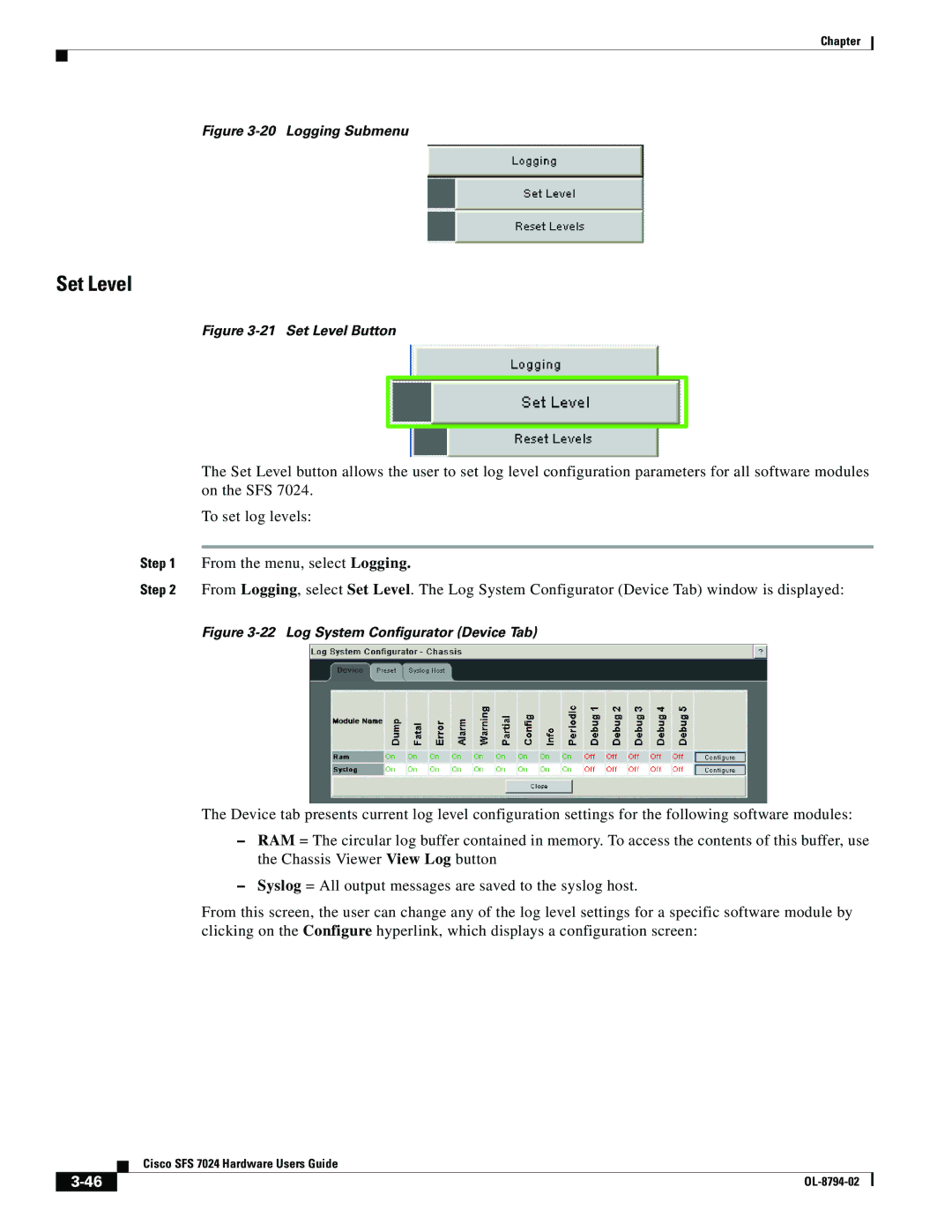 Cisco Systems SFS 7024 manual Set Level, Logging Submenu 