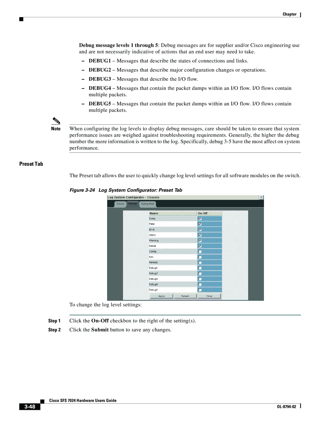 Cisco Systems SFS 7024 manual Log System Configurator Preset Tab 