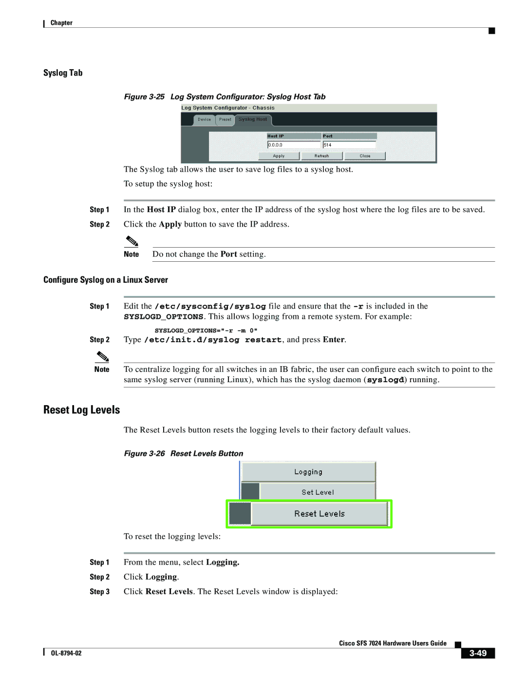 Cisco Systems SFS 7024 manual Reset Log Levels, Syslog Tab, Configure Syslog on a Linux Server 