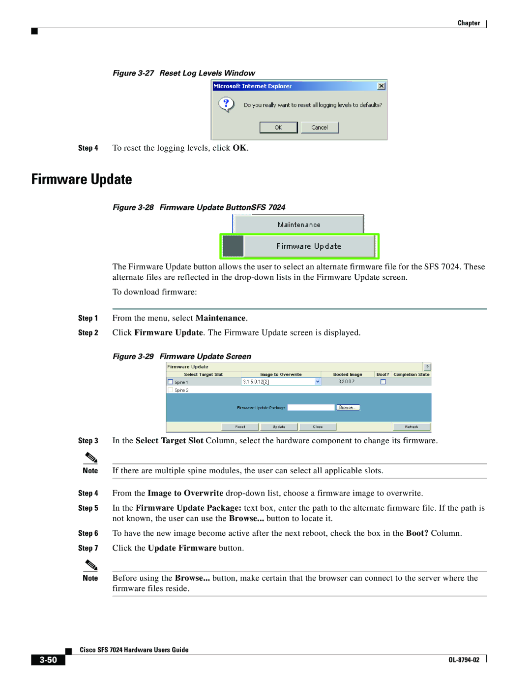 Cisco Systems SFS 7024 manual Firmware Update, Reset Log Levels Window 