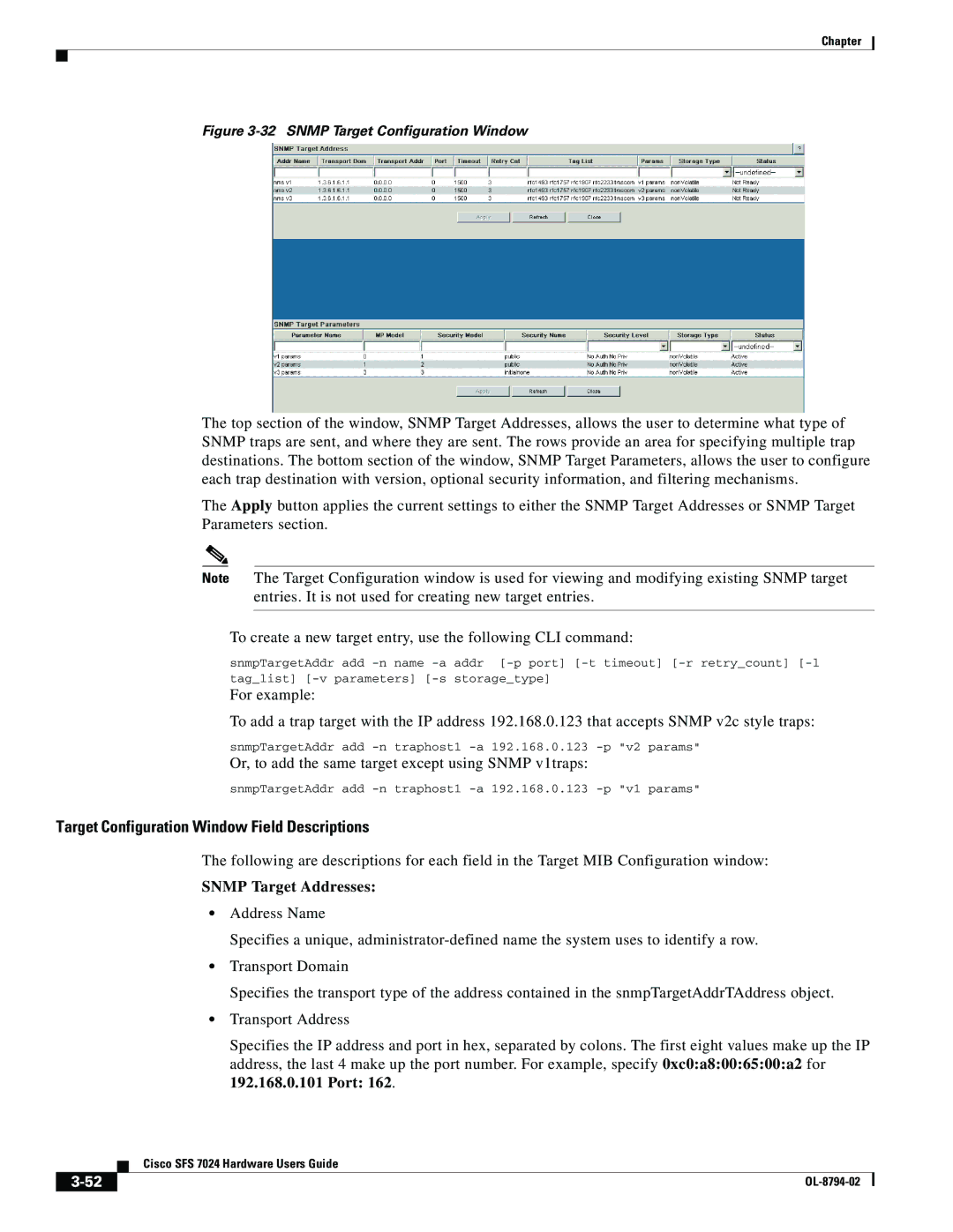 Cisco Systems SFS 7024 manual Target Configuration Window Field Descriptions, Snmp Target Addresses 