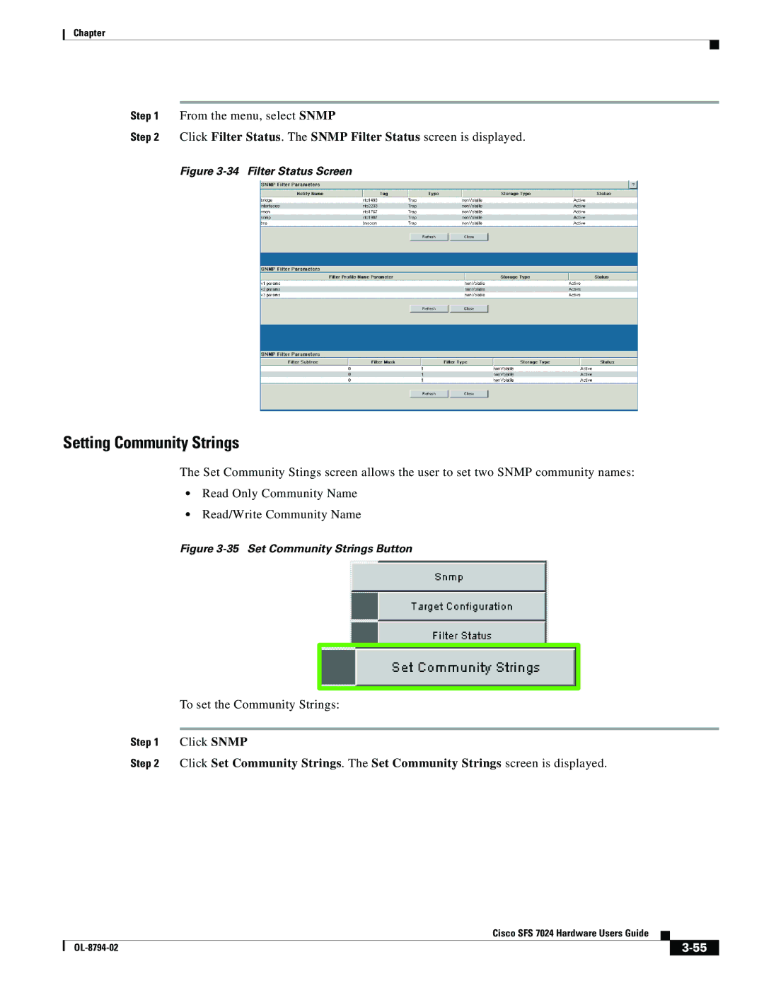 Cisco Systems SFS 7024 manual Setting Community Strings, Filter Status Screen 