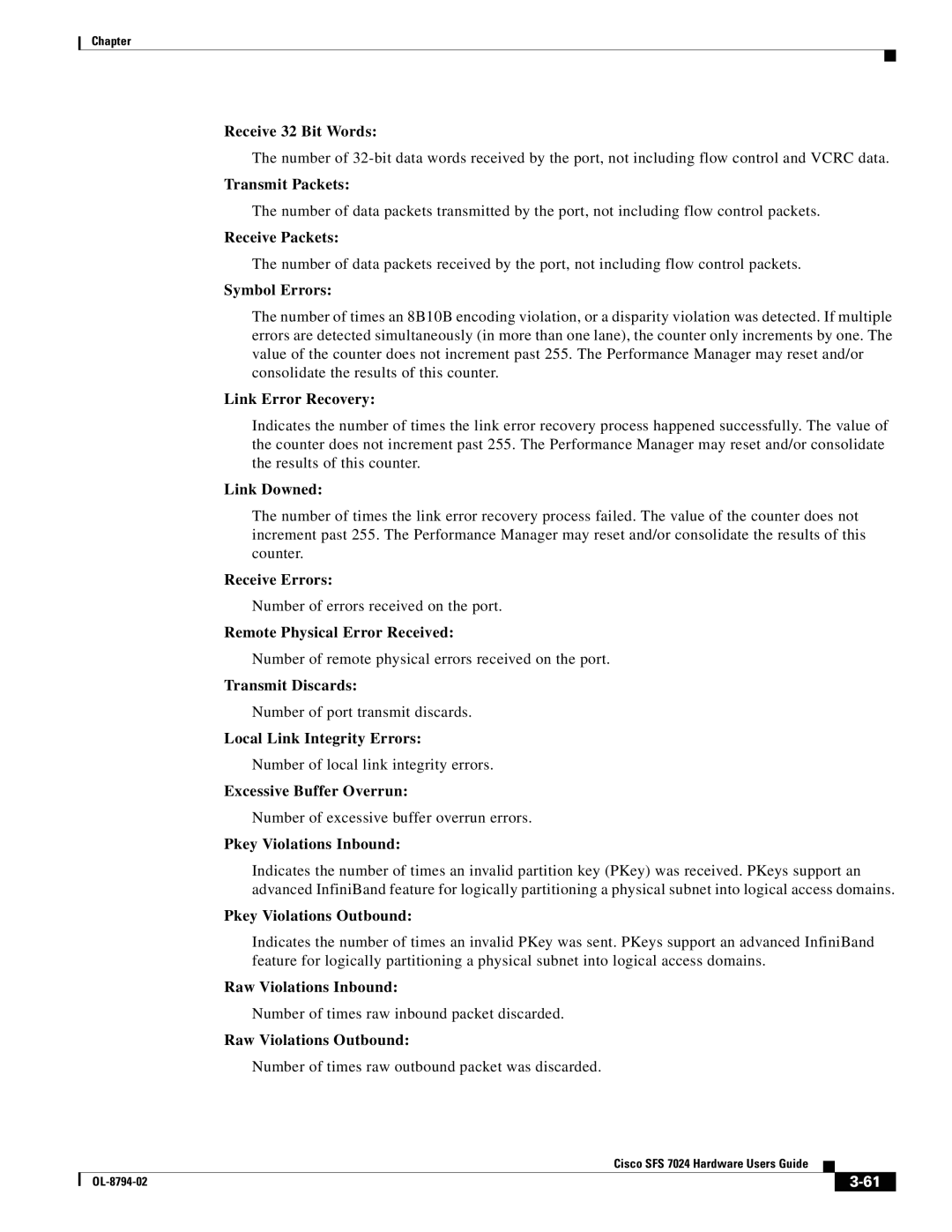 Cisco Systems SFS 7024 manual Receive 32 Bit Words, Transmit Packets, Receive Packets, Symbol Errors, Link Error Recovery 