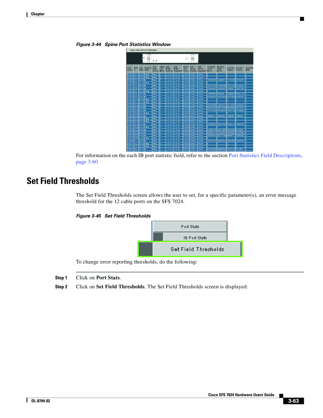 Cisco Systems SFS 7024 manual Set Field Thresholds, Spine Port Statistics Window 