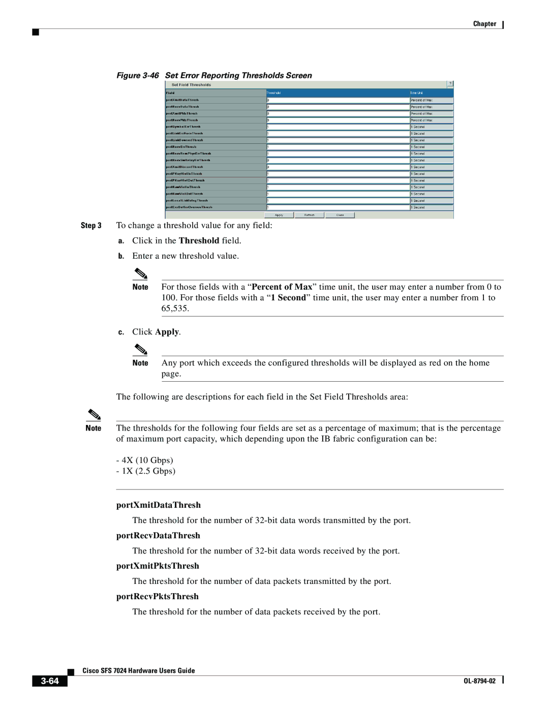 Cisco Systems SFS 7024 manual PortXmitDataThresh, PortRecvDataThresh, PortXmitPktsThresh, PortRecvPktsThresh 