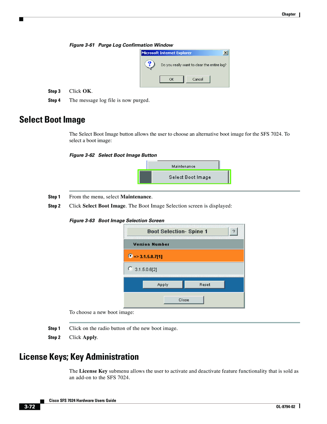 Cisco Systems SFS 7024 manual Select Boot Image, License Keys Key Administration 