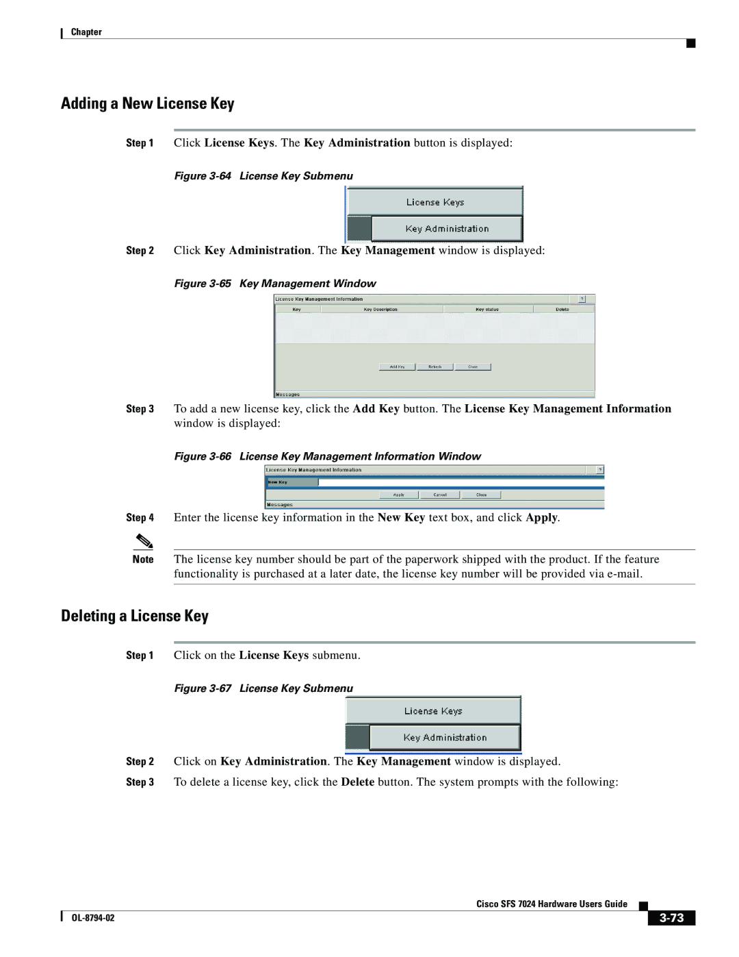 Cisco Systems SFS 7024 manual Adding a New License Key, Deleting a License Key 