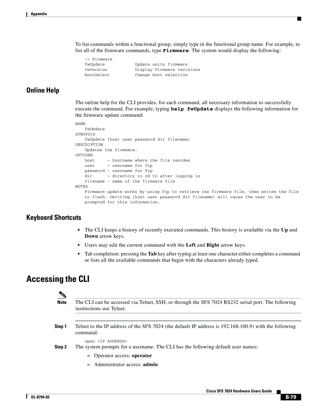 Cisco Systems SFS 7024 manual Accessing the CLI, Online Help, Keyboard Shortcuts 