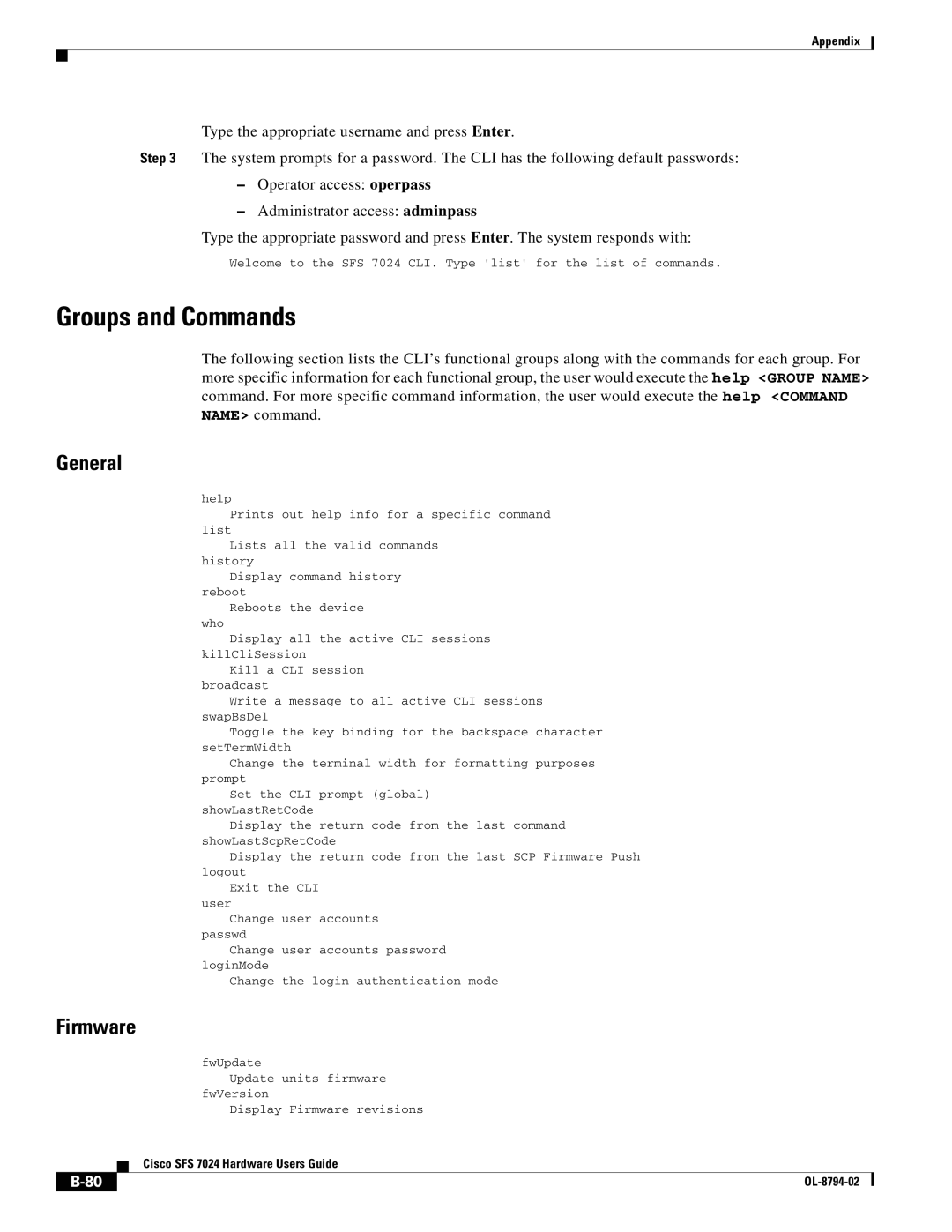 Cisco Systems SFS 7024 manual Groups and Commands, General, Firmware 