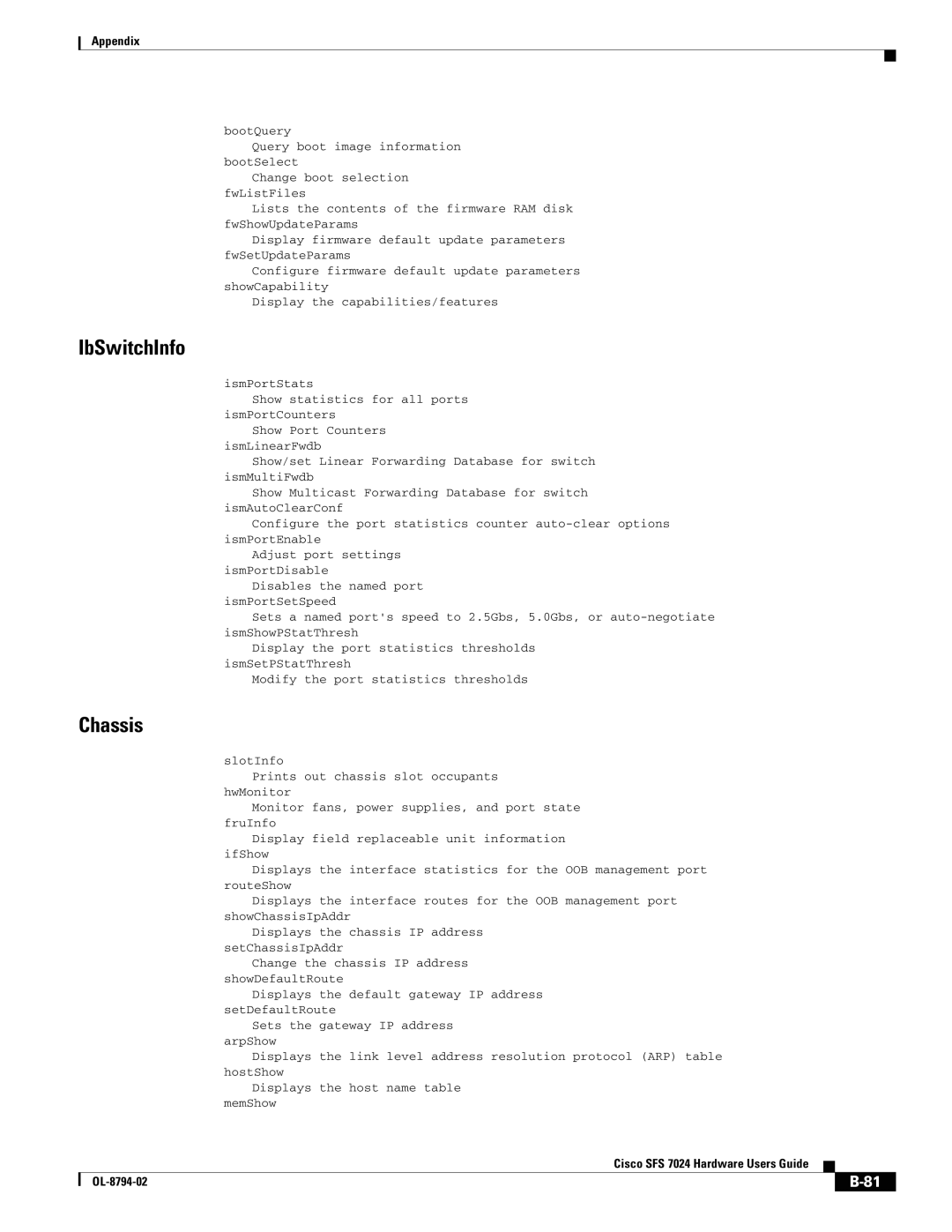 Cisco Systems SFS 7024 manual IbSwitchInfo, Chassis 