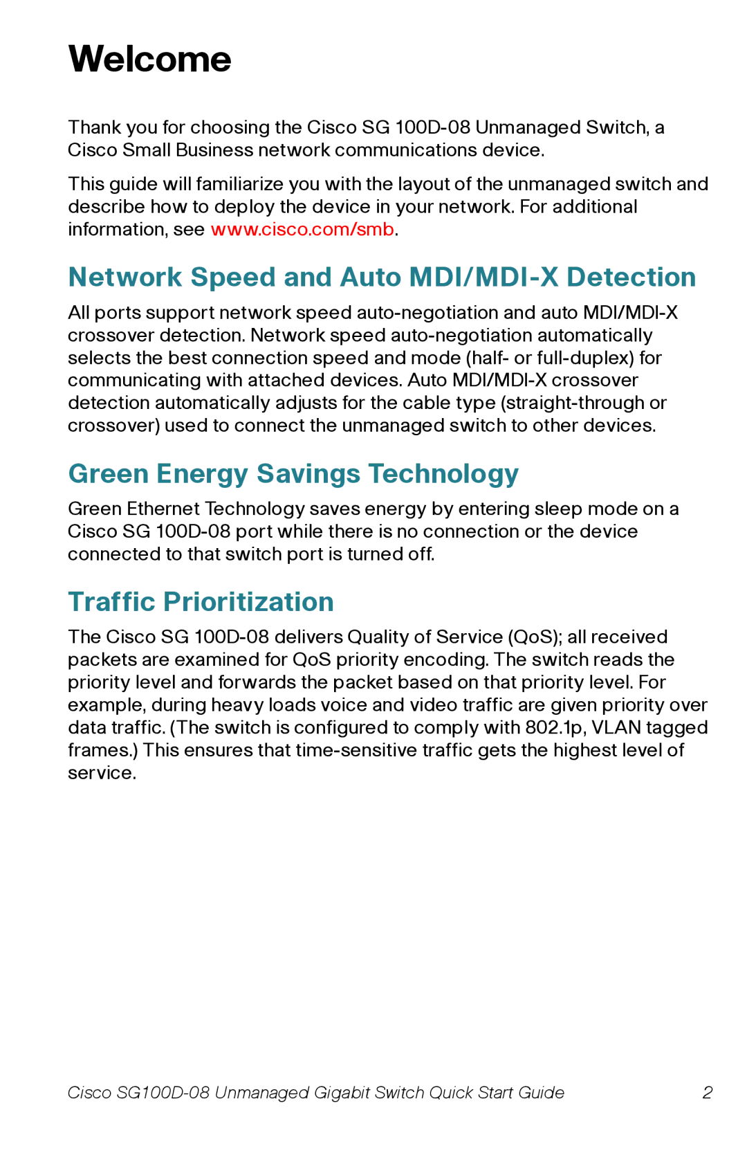 Cisco Systems SG100D08PNA quick start Welcome, Network Speed and Auto MDI/MDI-X Detection, Green Energy Savings Technology 