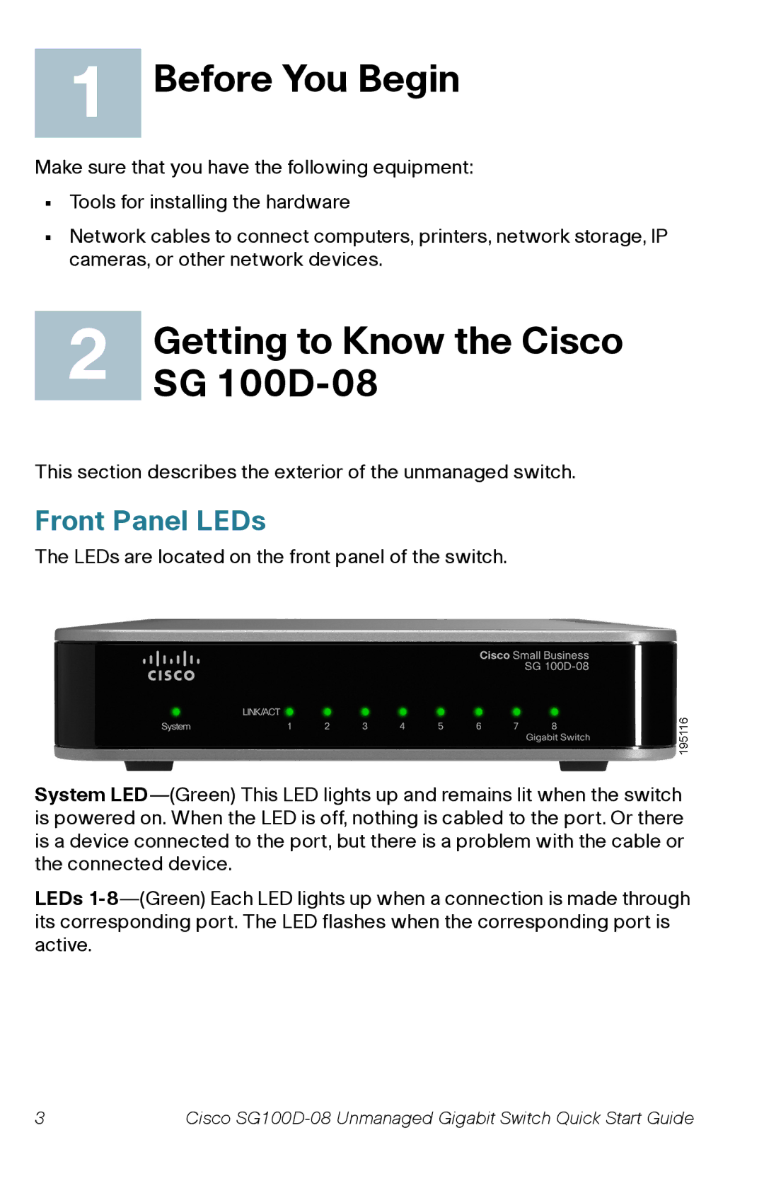 Cisco Systems SG100D08PNA quick start Before You Begin, Getting to Know the Cisco, SG 100D-08, Front Panel LEDs 